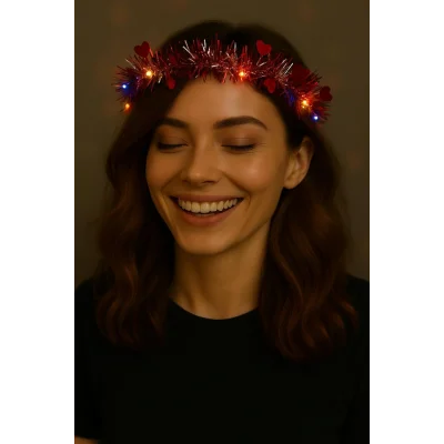 BUĞZ Kalp Püsküllü 3 Modlu LED Işıklı Taç Kırmızı Renk