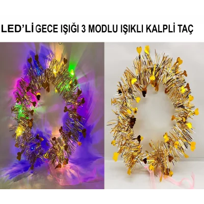 BUĞZ Kalp Püsküllü Gece Parıltısı 3 Modlu Led39li Işıklı Taç Altın Renk