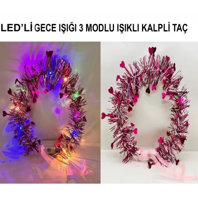 BUĞZ Kalp Püsküllü Gece Parıltısı 3 Modlu Led39li Işıklı Taç Fuşya Renk