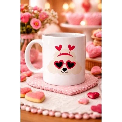 BUĞZ Kalpli Gözlü Sevimli Poodle (Kaniş) Tasarımlı Porselen Kupa Model 51 – Aşk Dolu, Tatlı ve Eğlenceli Hediye