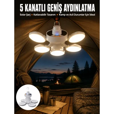 BUĞZ Kamp Lambası Işıldak Beyaz Işık Güneş Enerjili Solar Aydınlatma 5 Kanatlı Katlanabilir Yeni Nesil