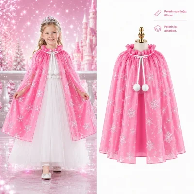 BUĞZ Kar Tanesi Desenli Pembe Elsa Pelerini - Astarlı Frozen Pelerini 85 Cm