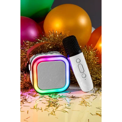 BUĞZ Karaoke Mikrofonlu Beyaz Bluetooth Hoparlör, Taşınabilir Müzik ve Eğlence Sistemi