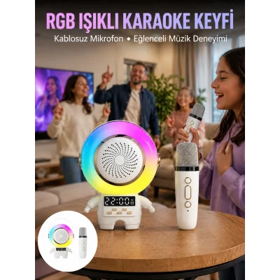 BUĞZ Karaoke Özellikli Astronot Bluetooth Hoparlör Kablosuz Mikrofonlu