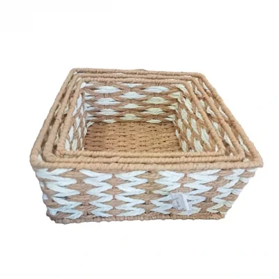BUĞZ Kare Örgü Desenli Doğal Hasır Sepet Seti - 3lü
