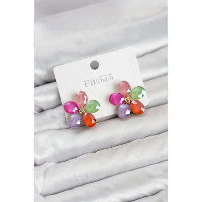 BUĞZ Karışık Renk Kristal Taşlı Çiçek Model Kadın Küpe