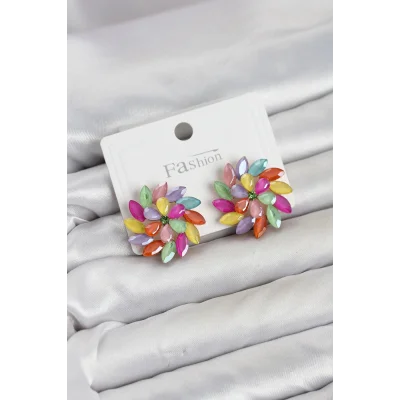 BUĞZ Karışık Renk Kristal Taşlı Çiçek Model Kadın Küpe