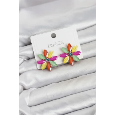 BUĞZ Karışık Renk Kristal Taşlı Lotus Çiçek Model Kadın Küpe