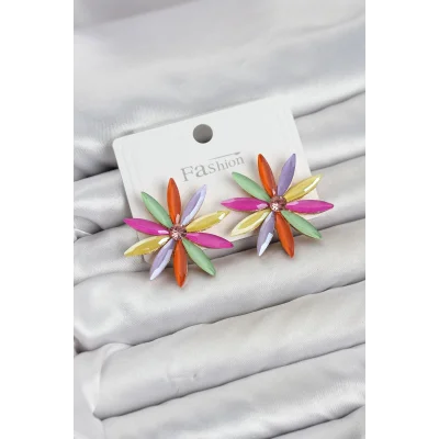 BUĞZ Karışık Renk Kristal Taşlı Lotus Model Kadın Küpe
