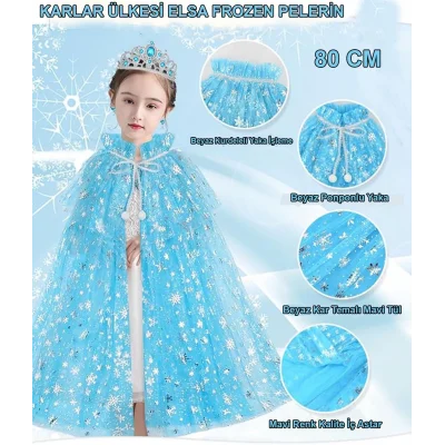 BUĞZ Karlar Ülkesi Elsa Frozen Mavi Pelerin – 80 Cm Kar Desenli Çocuk Pelerini ( Taç Hariç )