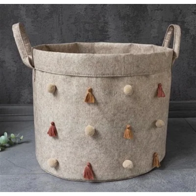  Katlanabilir Çok Amaçlı Ponponlu Yuvarlak Düzenleyici Saklama Kutusu Organizer Keçe (maxi Boy) - 03778