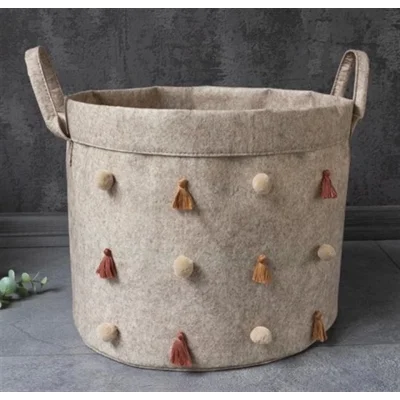  Katlanabilir Çok Amaçlı Ponponlu Yuvarlak Düzenleyici Saklama Kutusu Organizer Keçe (mini Boy) - 03785