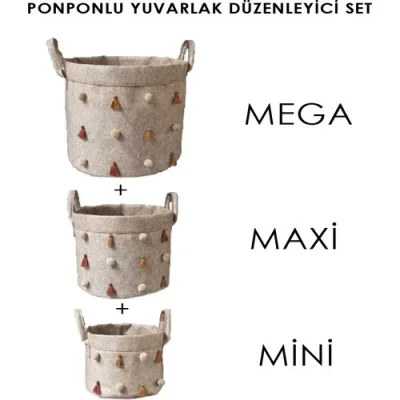 BUĞZ Katlanabilir Çok Amaçlı Ponponlu Yuvarlak Düzenleyici Saklama Kutusu Organizer Keçe (mini Boy) - 03785 ( BUĞZ )