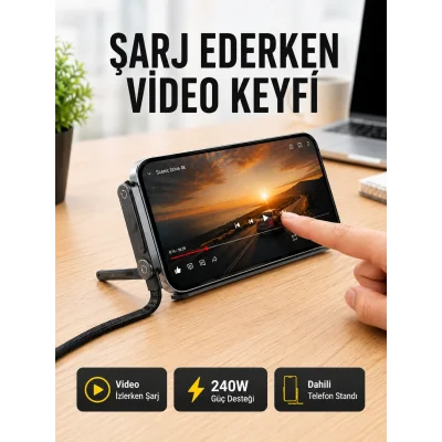 BUĞZ Katlanabilir Telefon Standlı 240W Type-C Hızlı Şarj Kablosu