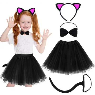 BUĞZ Kedi Kulak Taç Etek Kuyruk ve Papyon 4 lü Set Çocuk Fuşya