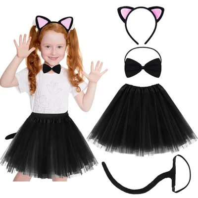 BUĞZ Kedi Kulak Taç Etek Kuyruk Ve Papyon 4 Lü Set Çocuk Pembe