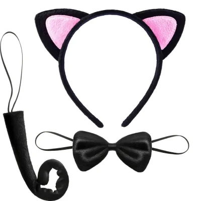 BUĞZ Kedi Kulak Taç Kuyruk ve Papyon 3 lü Set Çocuk Boy Pembe Renk