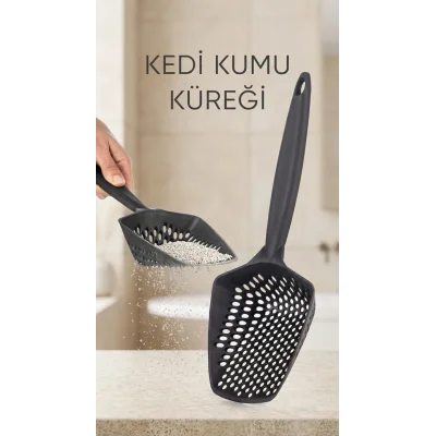 BUĞZ Kedi Kumu Eleme Küreği geniş dişli yapısıyla tüy ve kum ayırımı sağlar evcil hayvanlar için kullanışlı