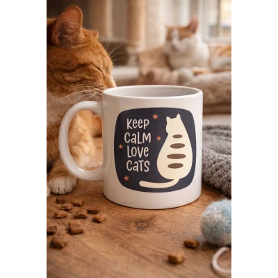 BUĞZ Keep Calm Love Cats Kedi Temalı Porselen Kupa MODEL 56 – Sevimli Tasarım , Kahve & Çay Kupası