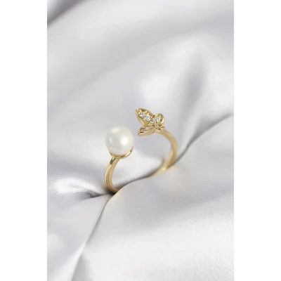 BUĞZ Kelebek İncili Model Gold Renk Zirkon Taşlı Kadın Yüzük