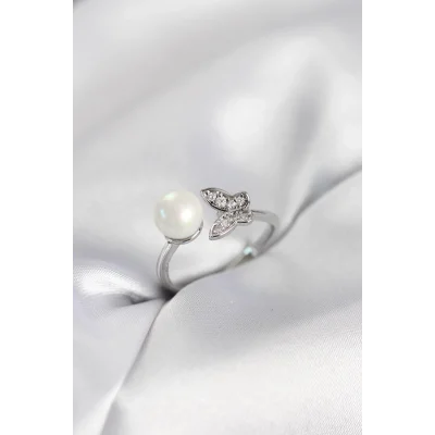 BUĞZ Kelebek İncili Model Gümüş Renk Zirkon Taşlı Kadın Yüzük