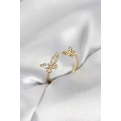 BUĞZ Kelebek Model Zirkon Taşlı Gold Renk Kadın Yüzük