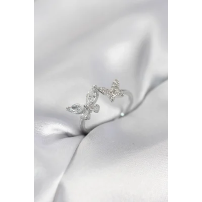 BUĞZ Kelebek Model Zirkon Taşlı Gümüş Renk Kadın Yüzük