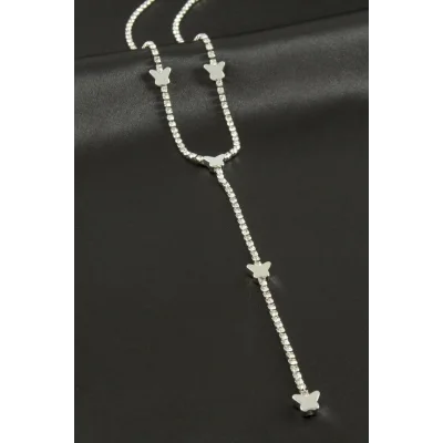 BUĞZ Kelebek Şerit Taşlı Çelik Y Kolye