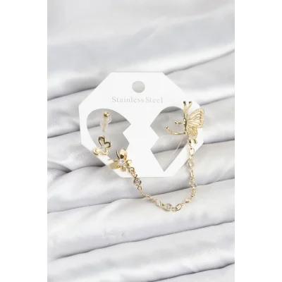 BUĞZ Kelebekli Model Pirinç Gold Renk Zincir Bağlantılı Ear Cuff Küpe Seti