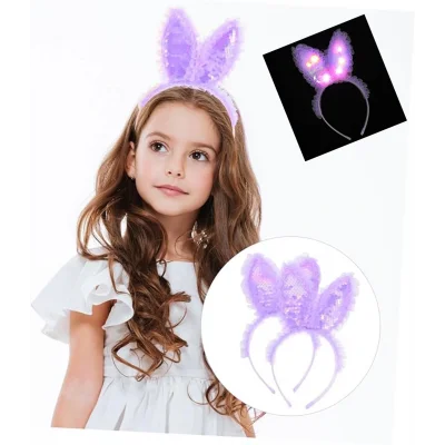  Kenarları Dantelli Mor Pullu Payetli Led Işıklı Tavşan Kulak Taç 23x19 cm