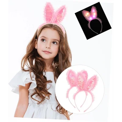  Kenarları Dantelli Pembe Pullu Payetli Led Işıklı Tavşan Kulak Taç 23x19 cm