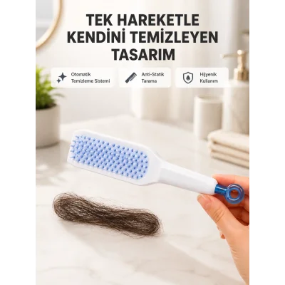 BUĞZ Kendi Kendini Temizleyen Saç Tarağı – Anti-Statik, Silikon Uçlu, ABS Malzeme, 22x4 cm