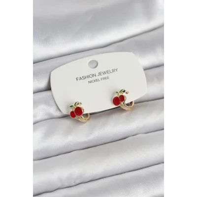 BUĞZ Kiraz Model Gold Renk Pirinç Çocuk Küpe