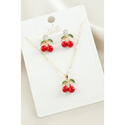  Kiraz Zirkon Taşlı Mineli Set Kolye