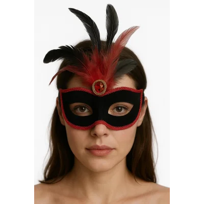 BUĞZ Kırmızı Dantelli Siyah Kırmızı Tüylü Siyah Süet Kaplama Parti Maskesi 17x25 cm