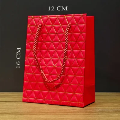 BUĞZ Kırmızı Geometrik Desenli Mini Boy Karton Hediye Çantası