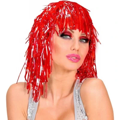 BUĞZ Kırmızı Işıltılı Metalize Parti Peruğu