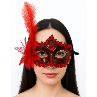  Kırmızı Mat Renk Yandan Tüylü Güllü Parti Balo Venedik Maskesi 16x22
