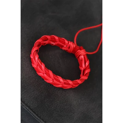 BUĞZ Kırmızı Örgü Deri Erkek Bileklik