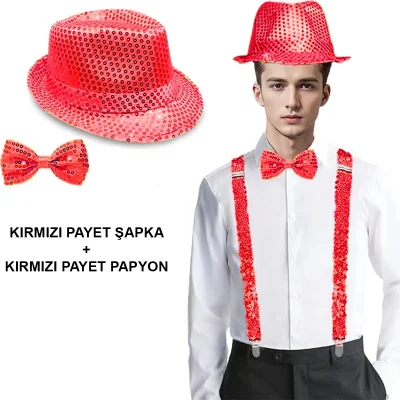 BUĞZ Kırmızı Payetli Şapka Ve Papyon Seti – Parıltılı Yetişkin Kostüm Seti