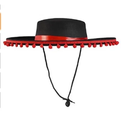  Kırmızı Ponponlu Siyah Renk Çocuk İspanyol Şapkası