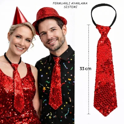 BUĞZ Kırmızı Pul Payetli Işıltılı Parti Kravatı 33 Cm