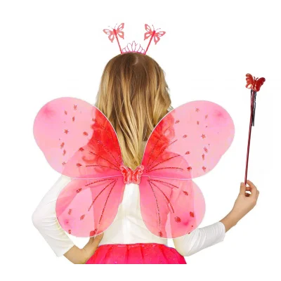  Kırmızı Renk Çocuk Kelebek Kanadı Tacı ve Asa Seti 50 cm