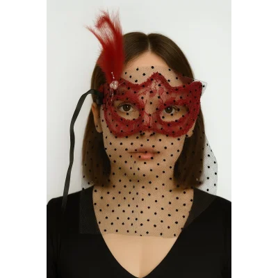  Kırmızı Renk Dantelli Duvaklı İncili Parti Maskesi Balo