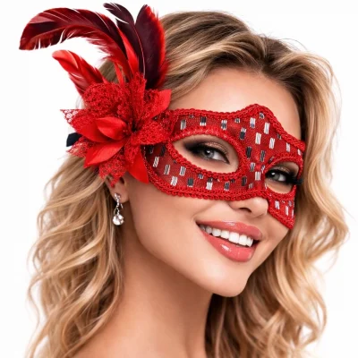 BUĞZ Kırmızı Tüylü Balo Maskesi Kadın Parti Aksesuarı