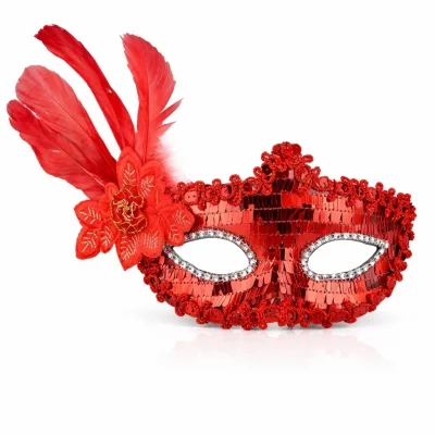 BUĞZ Kırmızı Tüylü Payetli Lüks Taşlı Parti Maskesi
