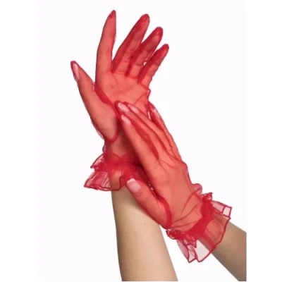  Kısa Boy Likralı Güpürlü Yetişkin Tül Eldiven Kırmızı Renk