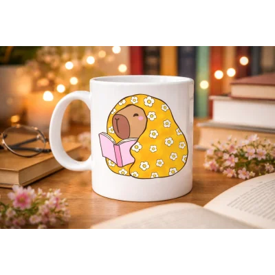 BUĞZ Kitap Okuyan Kapibara Desenli Porselen Kupa MODEL 102 – Sıcacık Tasarım , Kahve & Çay Kupası , Kitap Severlere Özel Hediyelik