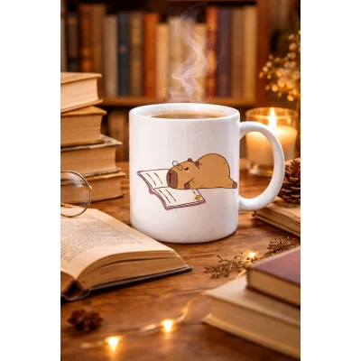 BUĞZ Kitap Okuyan Kapibara Tasarımlı Porselen Kupa MODEL 99 – Sıcacık Kahve Keyfi İçin Sevimli Tasarım