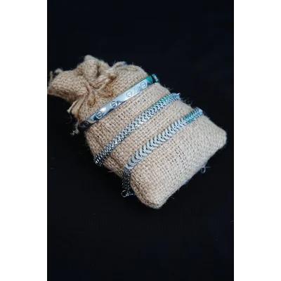 BUĞZ Kombin Bileklik Gümüş Kılçık Tırtıl ve Düz Cırt Model 3 Adet Birden